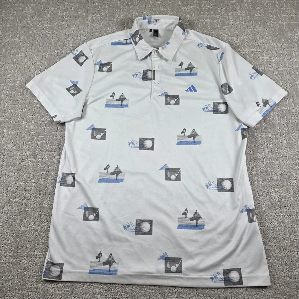 Adidas Mens Golf Polo Shirt White Blue Graphic AOP Performance Size Medium